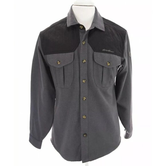 Eddie Bauer Mens Sz S Wool Button Up Front Shirt Gray Pockets Logo - Picture 1 of 7